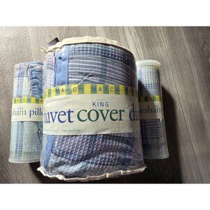 American Pacific King Duvet Cover Set Aqua Marine Plaid Cotton 2 Pillow Shams NO